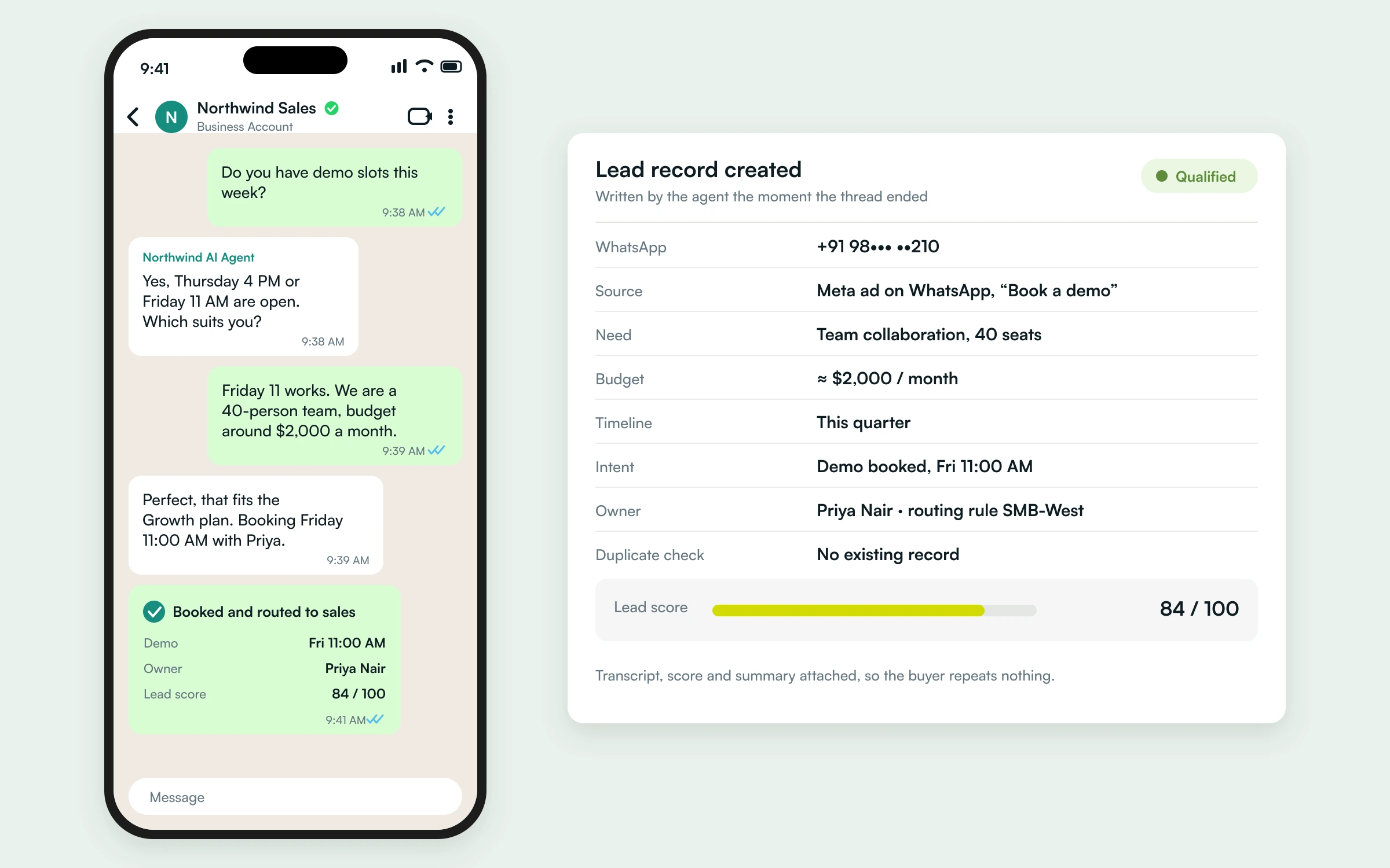 WhatsApp AI sales agent qualifying a buyer in four messages, then writing the lead record with need, budget, timeline and a lead score to CRM